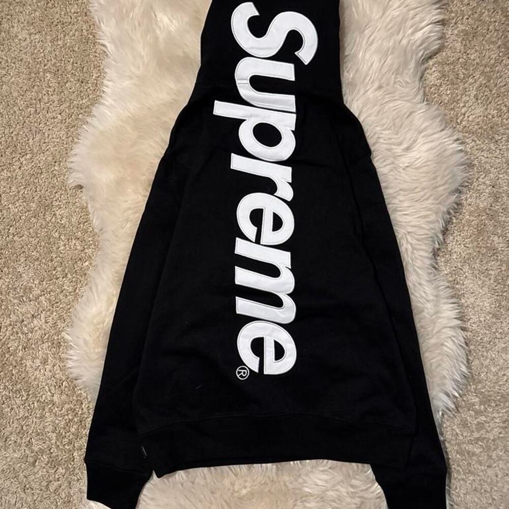 Black supreme satin applique hoodie